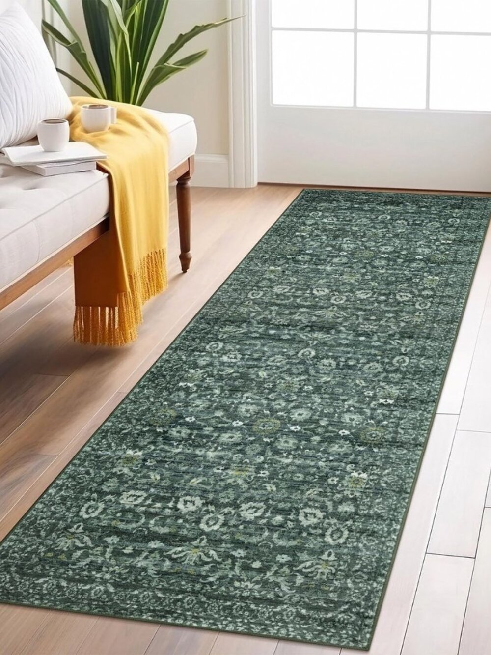 Vintage Floral 2x6 Runner Rug, Dark Green Washable Kitchen Runner Rug Non-Slip
